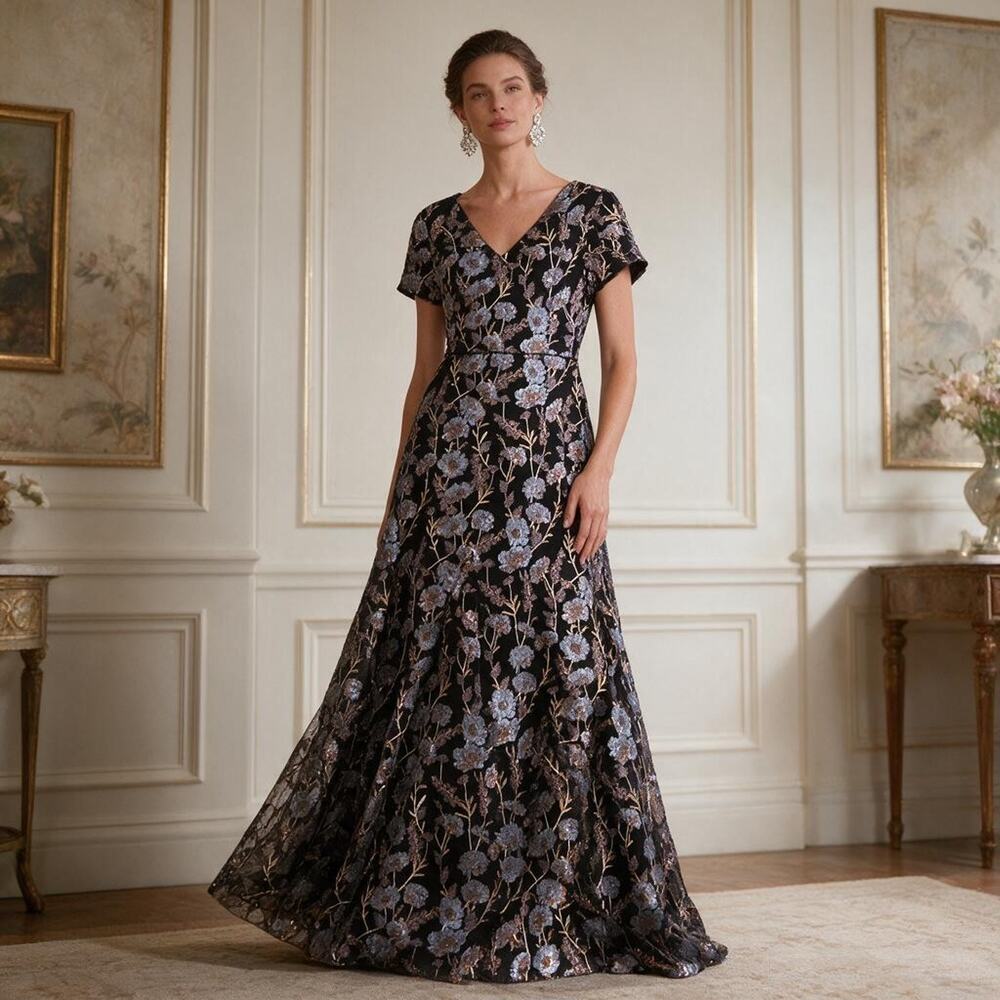 Shani Collection Black/Multi Fully Sequined Embroidered Gown Size 10 NWT